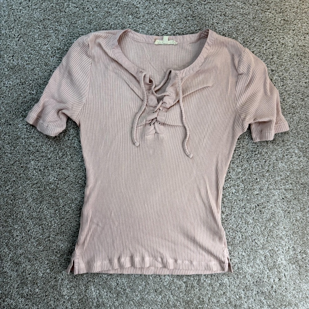 Madewell Shirt Womens S Pink Ribbed Jersey Lace Up Scoop Neck Short Sleeve Top